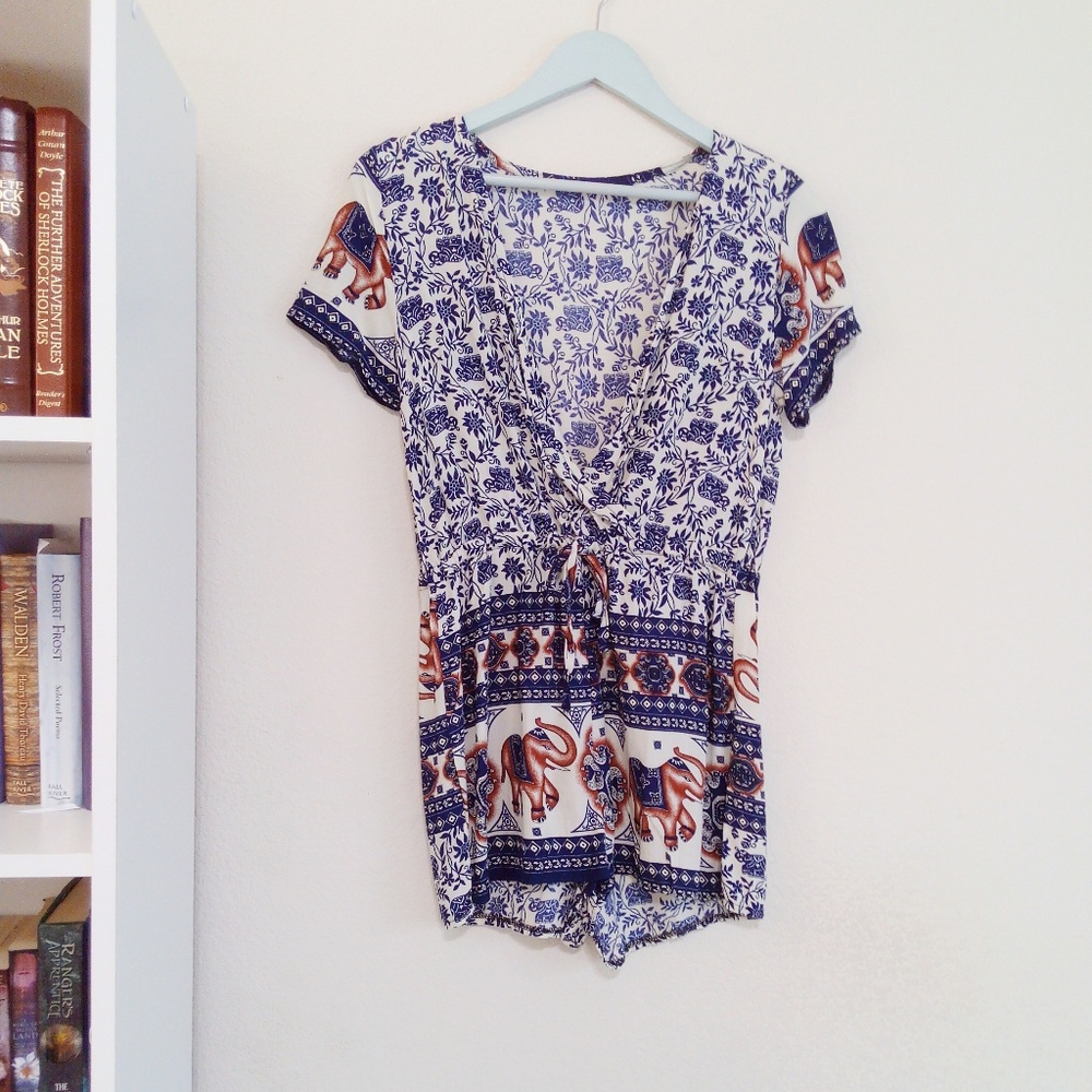 White and Blue Boho Romper (NWOT)